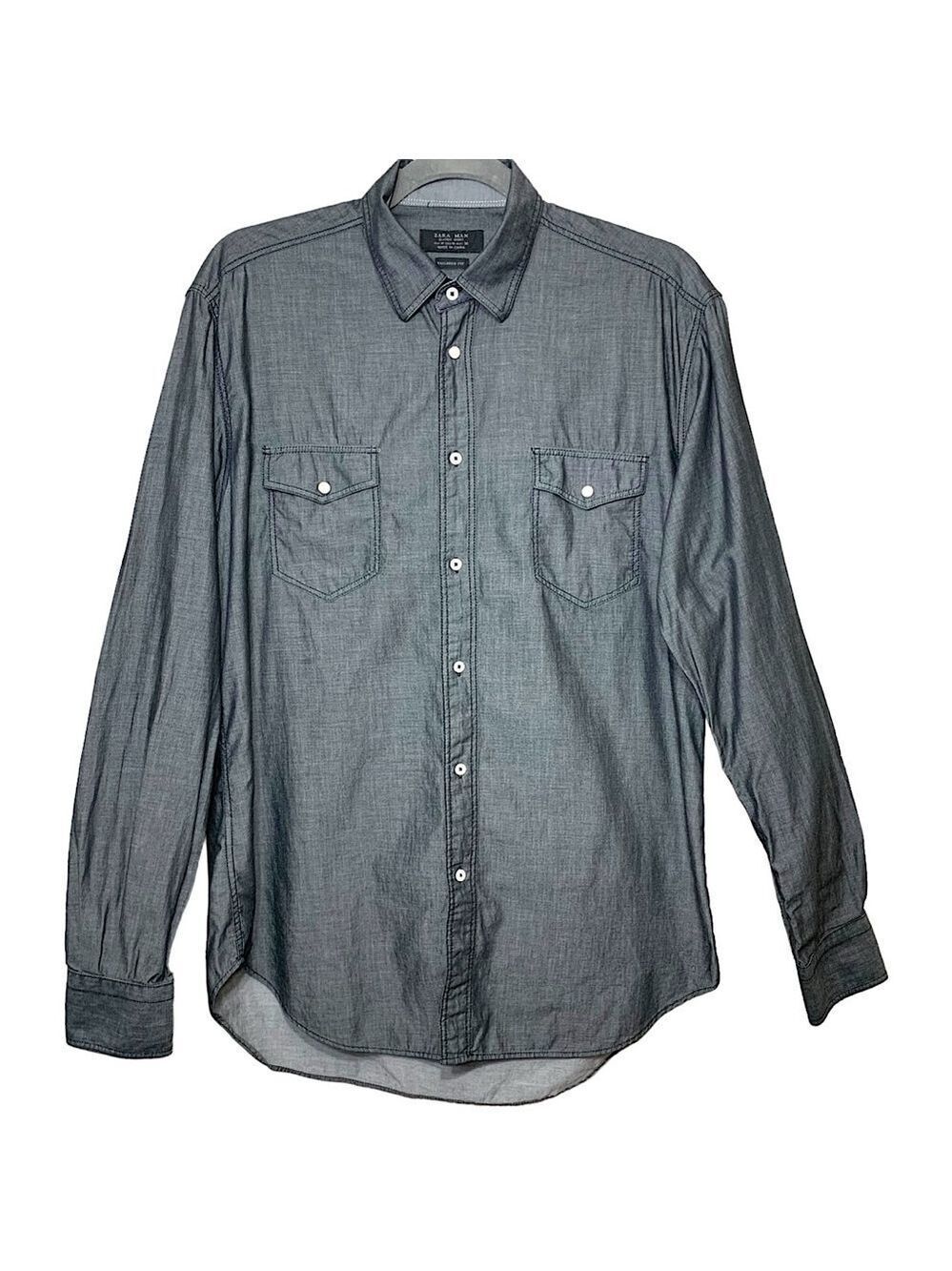 Zara Button Up Shirt Sz M Chambray Gray Tailored Long Sleeve Sawtooth Western